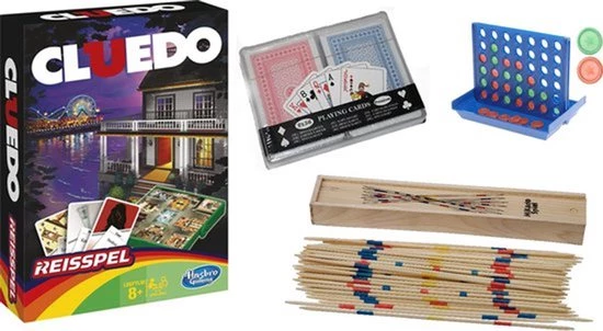 TGL Spellen Pakket Vakantie Reis Editie Cluedo 4 Op 1 Rij Vier Op Een Rij Mikado Speelkaarten Spelletjes Reizen. Reisspel