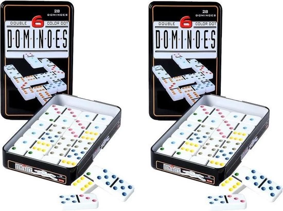 Engelhart Domino Spel Dubbel 6/double 6 In Blik En 84x Gekleurde Stenen - Dominostenen - Domino Spellen - Familie Spellen